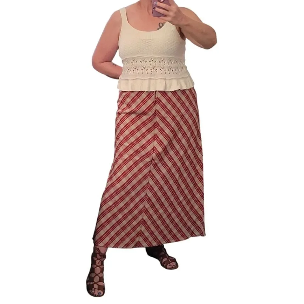 VTG 70s Red Tan Chevron Plaid Prairie Maxi Skirt SZ 10 Flax Blend High Waist